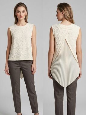 NWT Pleione Cream Textured Sleeveless Top with chiffon Pleated high low Back